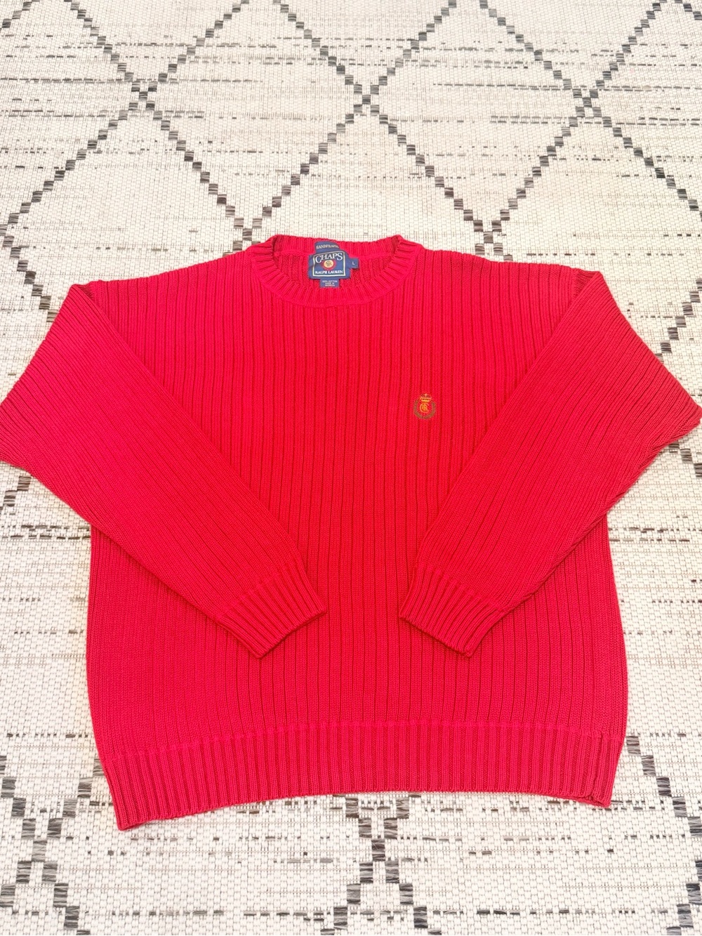 Ralph Lauren Men’s Red Ribbed Crewneck Sweater with Gold Crest